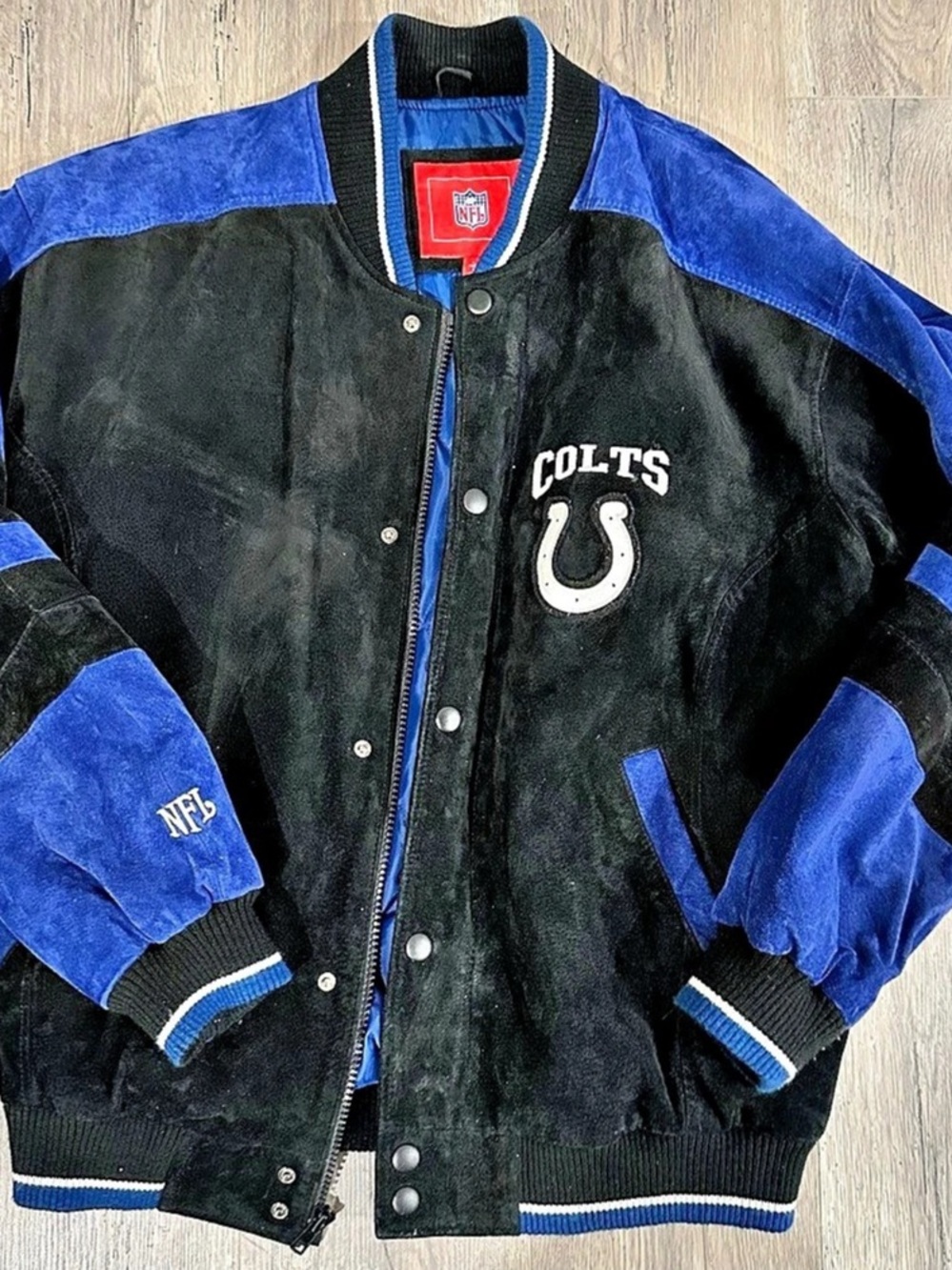NFL Large Indianapolis Colts Suede Bomber Jacket Black & Blue